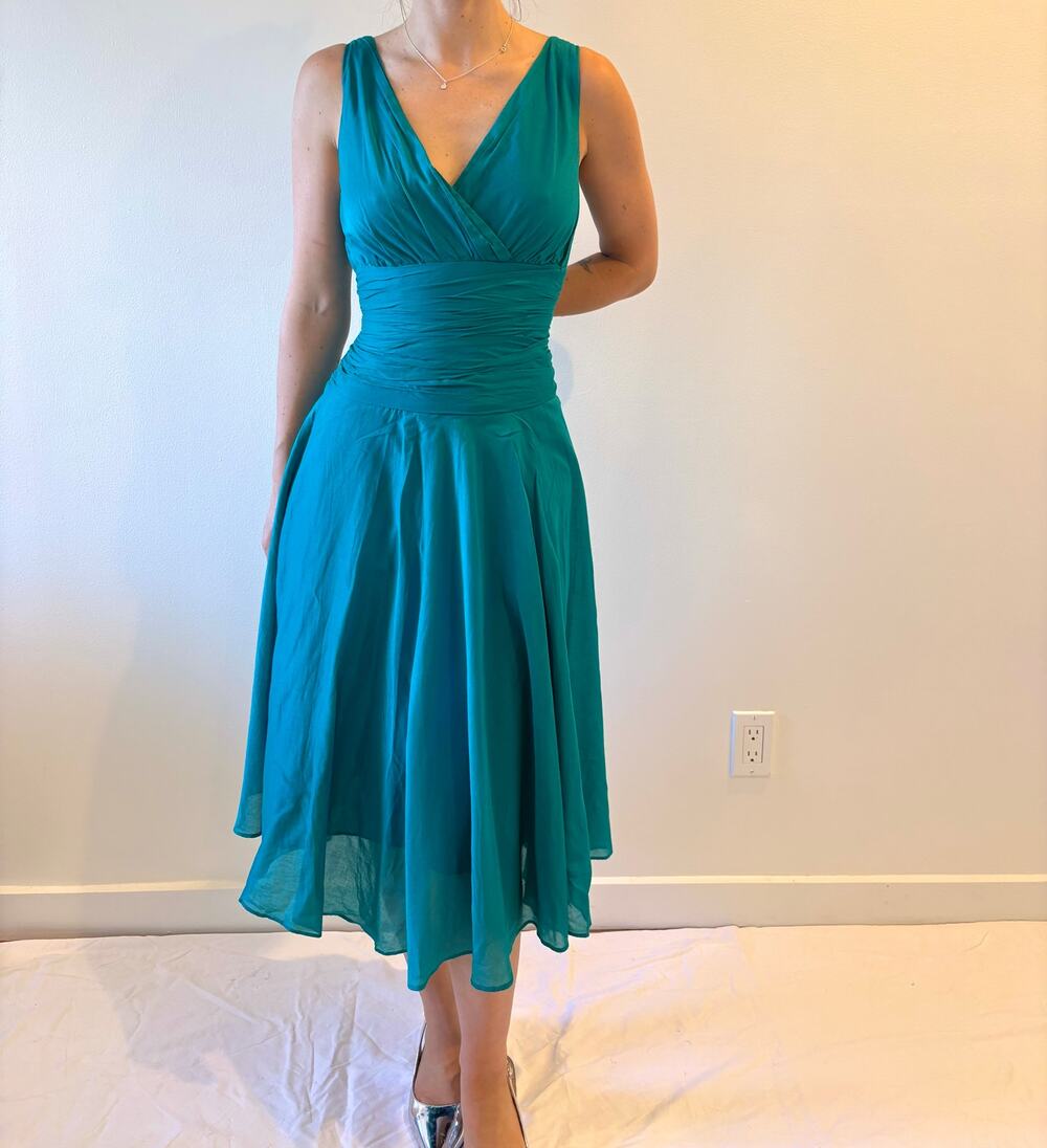 vintage cotton knee length v neck teal cocktail dress